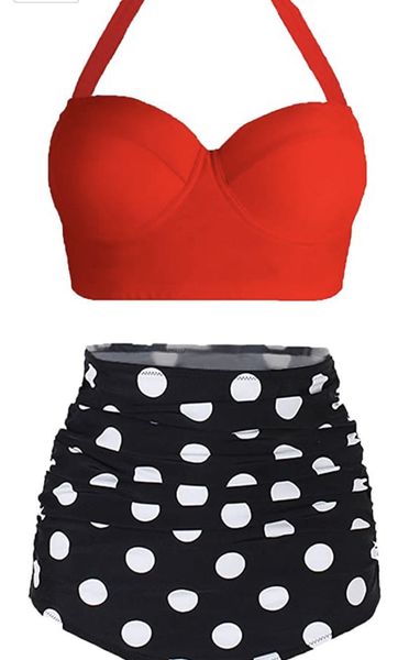 

20 new split high waist daisy dot printed bikini, White;black