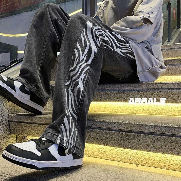 

men's jeans gothic printed trousers 2021spring autumn korean fashion hip-hop high street style straight wide-leg trend, Blue
