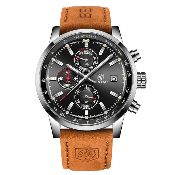 

wristwatches men's watches benyar luxury brand quartz watch men waterproof chronograph wristwatch military sports clock relogio masculi, Slivery;brown