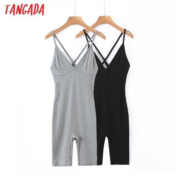 Tangada Mulheres Vintage Sólido V Neck Knit Playsuits Elastic Waist Macacão Senhoras Casuais Chic Jumpsuits 8H50 210609