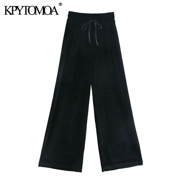 

women chic fashion side pockets velvet wide leg pants vintage high elastic waist drawstring female trousers mujer 210420, Black;white