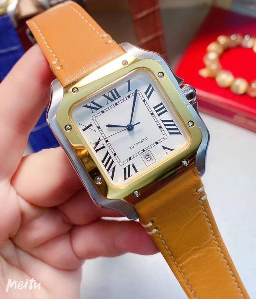 

wristwatches automatic mechanical white rome dial gold bezel brown leather men sapphire stainless steel square date watch, Slivery;brown