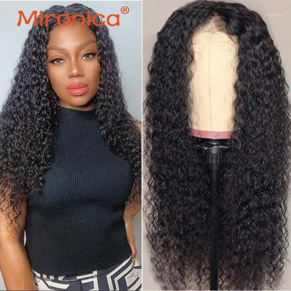 

mironica hair kinky curly natural color 4*4 lace front human wigs for black women 150% density brazilian1, Black;brown