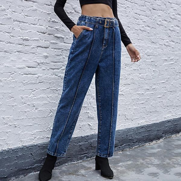 

blue jean pants women 2021 high waist with sashes zipper pockets button straight leg ladies casual vintage washed denim trousers women'