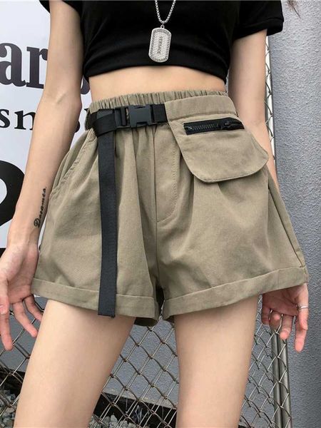 

plus size women summer shorts with belt fashion casual streetwear cargo feminino bf style army green short femme 210601, White;black