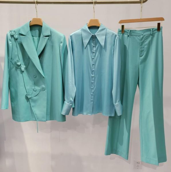 

women's two piece pants 2021 classic women loose blazer or long sleeve single breasted shirt blouse straight fashion set, White