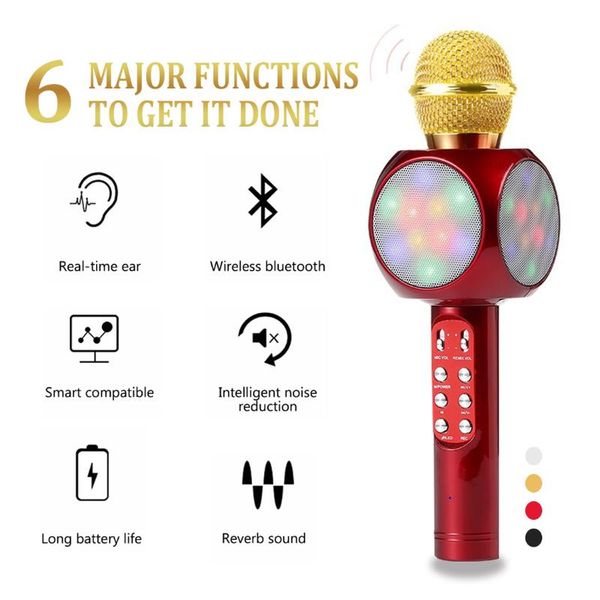 

bluetooth wireless microphone karaoke with led light fm mic broadcast for music singing speaker player microphones