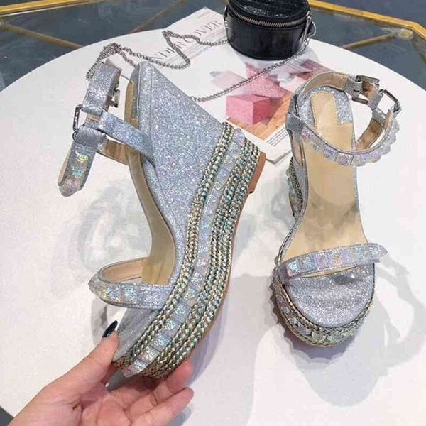 

dress shoes platform wedge sandals women rivets studded high heels bling string beaded shiny glittery summer shoes cypx, Black