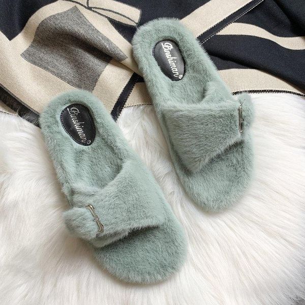 

slippers women winter home with faux fur fashion warm shoes woman slip on flats female slides flip flops, Black