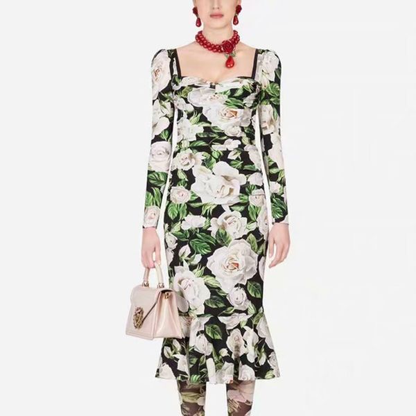 

vintage print flowers long sleeves slim temperament elegant fold party fishtail mid-length dress women's new spring and summer, Black;gray