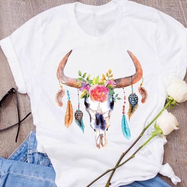 

men graphic skull heifer t shirts feather cow ladies print halloween clothing clothes lady tees female mens, White;black