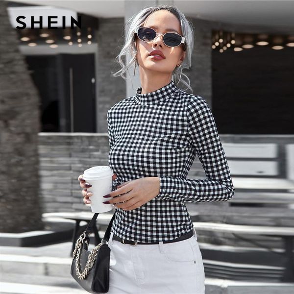 

black and white gingham mock neck slim fit tee women plaid spring long sleeve elegant office lady t-shirts women's t-shirt