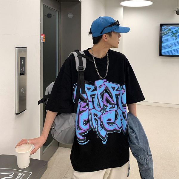 

men's t-shirts summer high street wall painting graffiti retro t-shirt loose short-sleeved personality printing casual tide brand top, White;black