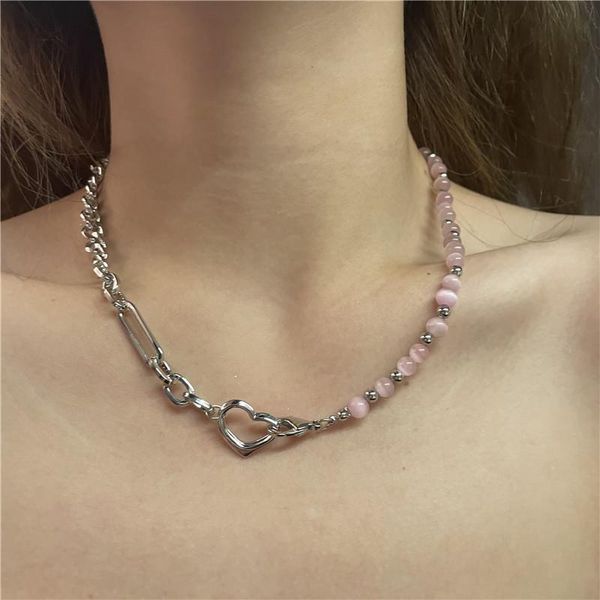 

chains japanese and korean niche design cold wind fashionable necklace pink aventurine beaded double love pendant clavicle chain, Silver