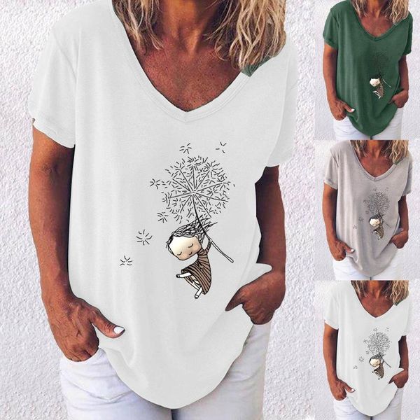 

women's t-shirt fashion women printed v-neck ladies short sleeve casual tee summer clothes for camisetas de mujer, White