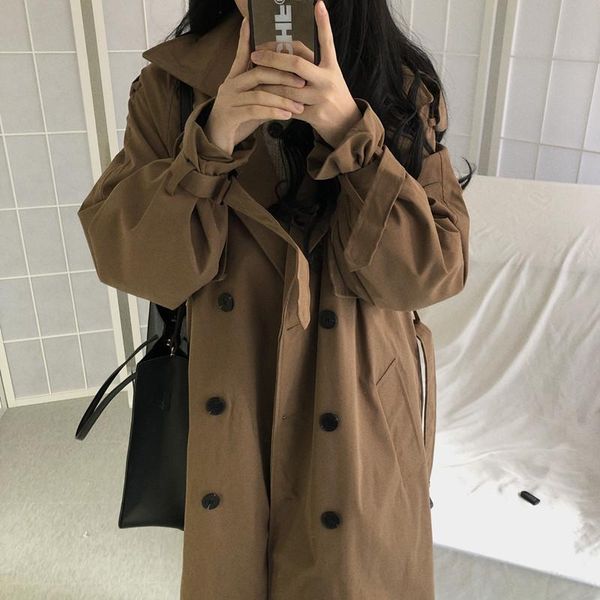 

chic women trench coat casual women's long outerwear loose overcoat with belt winter fashion double-breasted windbreaker femme coats, Tan;black