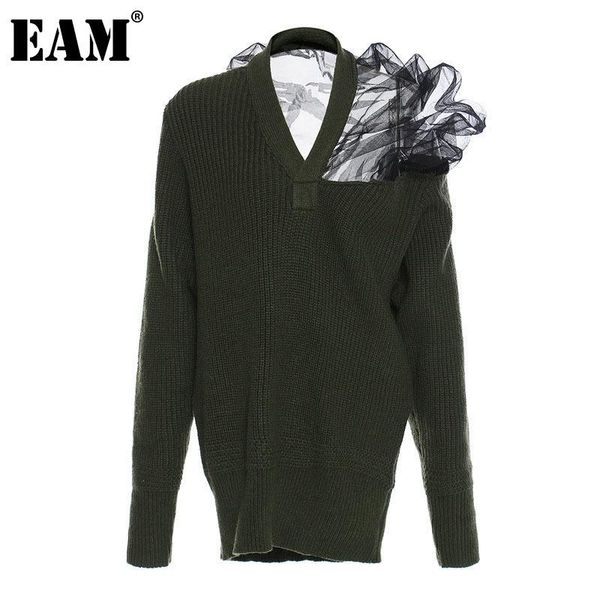 

women's sweaters [eam] mesh perspctive knitting sweater loose v-neck long sleeve women pullovers fashion tide autumn winter 2021 1dd160, White;black