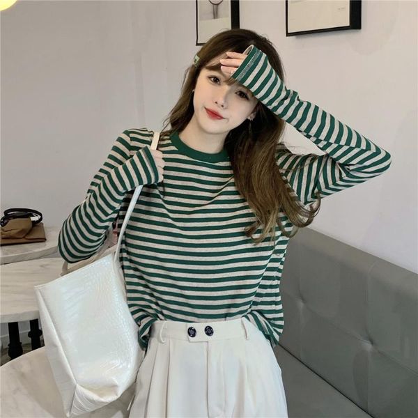 

women's t-shirt t shirt women striped korean style o-neck long sleeve tee shirts femme casual loose vintage t-shirts, White