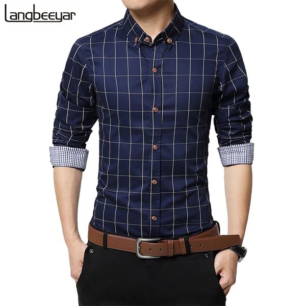 

autumn fashion brand men clothes slim fit long sleeve shirt plaid cotton casual social plus size -5xl 210708, White;black