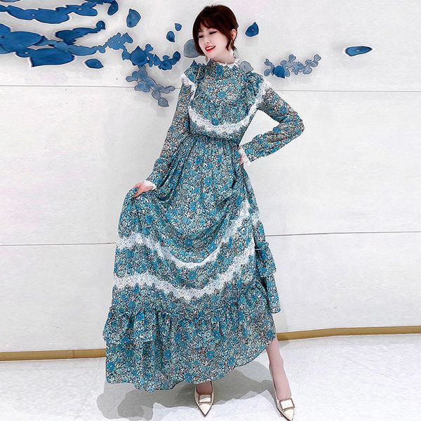 

two piece dress woman's fashion long spring printing maxi shredded lace dressed as elegant runway lady walk holiday party robe d4pt, White
