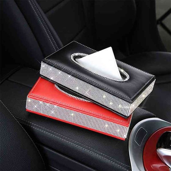 Luxus Leder Diamant Tissue Box Serviettenhalter Auto Dekor Zubehör Auto Papier Lagerung 210818