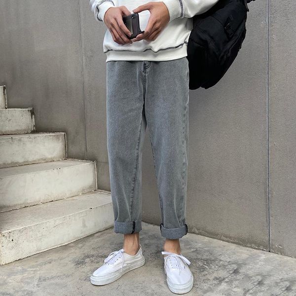 

straight jeans men's fashion washed solid color casual jean pants men streetwear wild loose hip hop denim trousers mens -2xl, Blue