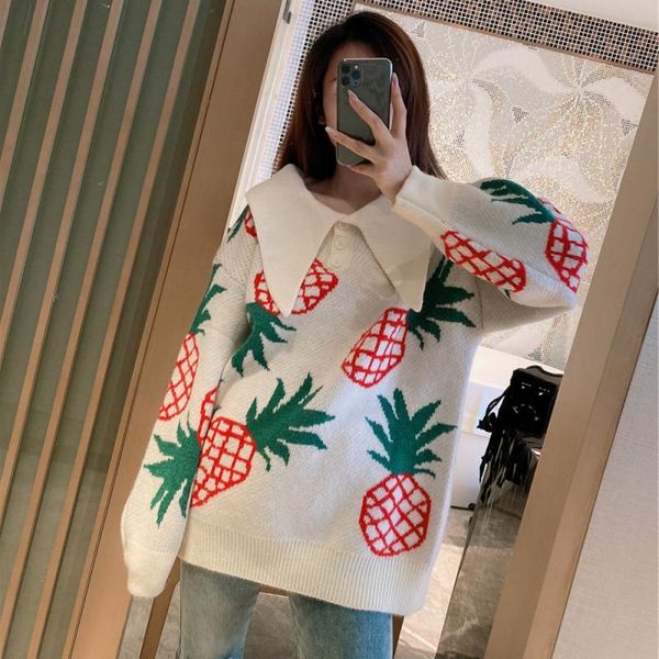 

women's sweaters runway clothes 2021 fall lapel pineapple loose pullover oversize white black jacquard knit long sleeve sweater