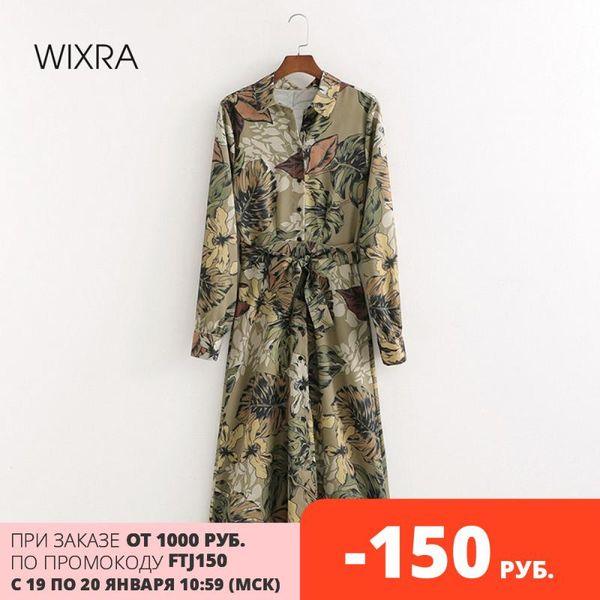 

casual dresses wixra womens floral print folk dress sashes full sleeve straight high street mid calf clothing 2021spring summer, Black;gray