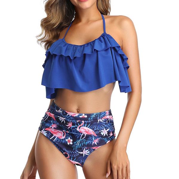 

women's swimwear flamingos print ruffle plus size bikini 2xl women halter push up swimsuit large ruched high waist swim suit, White;black