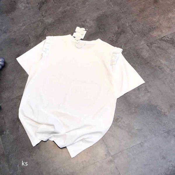 

2022 factory wholesale new 21 summer solid color ruffle splicing flying t-shirt femininity commuting short sleeve, White