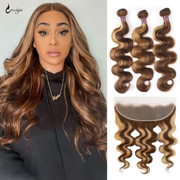 

human hair bulks 4/27 highlight body wave bundles with frontal colored ombre closure peruvian, Black