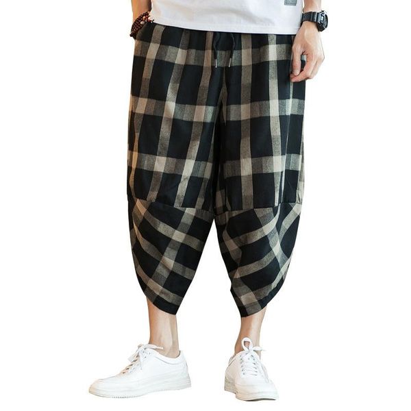 

men's pants zogaa mens harem streetwear cotton linen male summer casual ankle-length man 2021 plaid baggy loose trousers, Black