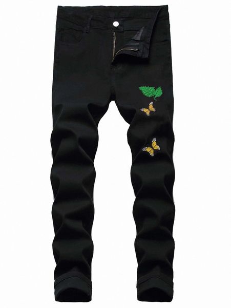 

romwe guys butterfly embroidery jeans p3tw#, Blue