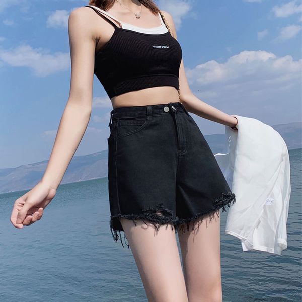 

women's shorts 2021 new high waist denim straight pants, White;black