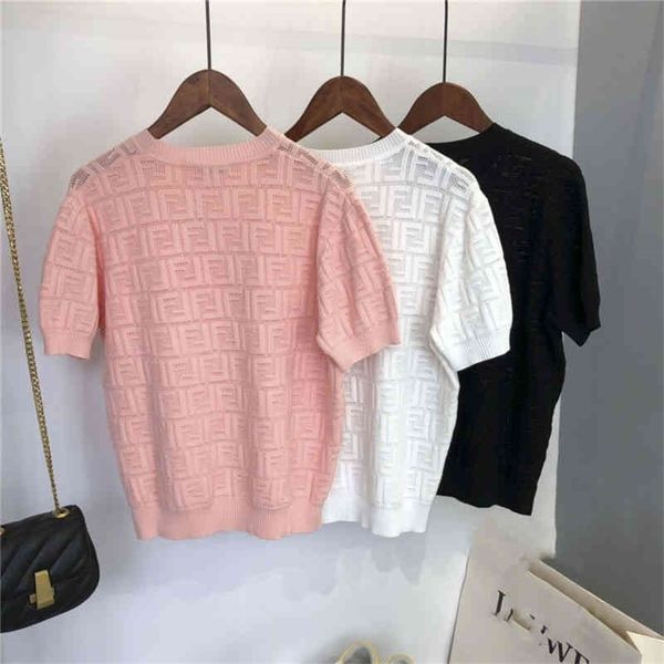 

family new spring and summer thin tencel knitted short sleeve female letter round neck loose solid color bottomed shirt half, White
