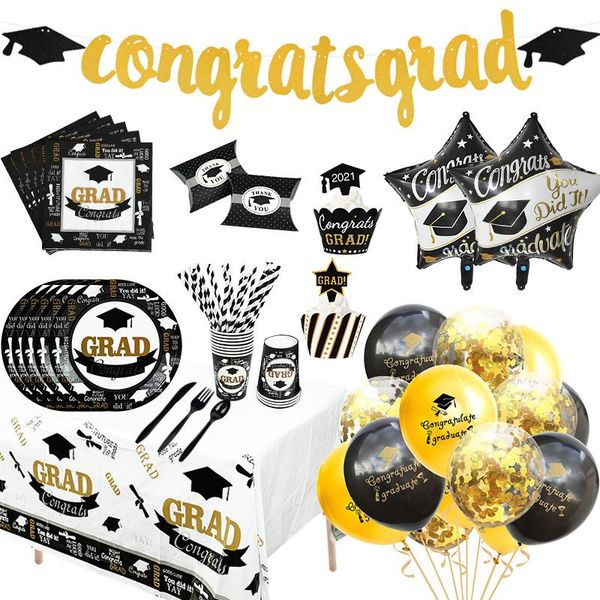 

1set graduation balloons disposable tableware 2021 party decorations congrats grad paper garland banner class of decoration