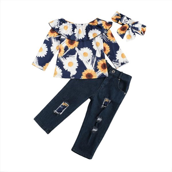 

3 pcs infant casual outfits, baby girl flower print long sleeve round neck ruffle pullover ripped jeans headband 1 6t, White