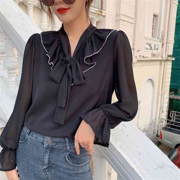 

spring autumn women's blouse korean v-neck long sleeve pure color tie shirt flare loose chiffon qx862 210507, White