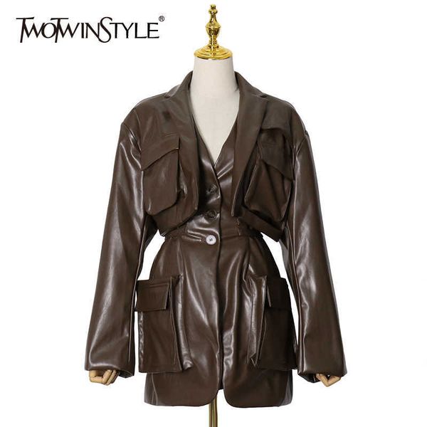 

twotyle vintage minimalist blazer for women notched long sleeve tunic patchwork pocket casual blazers female spring fashion 210930, White;black