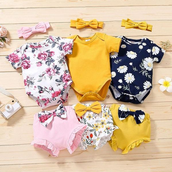 

summer children's clothing girls baby solid color dress climb + bow print shorts three-piece suit sets, White