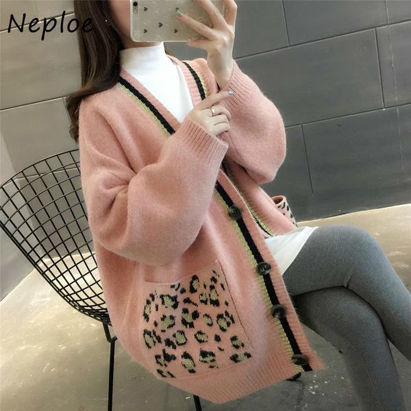 NELLOE Leopard Pattern Woman Cardigans осень зима открытый стежка свитер свободный однобортный кардиган женщина вязаная верхняя одежда 210423