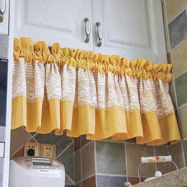 

curtain & drapes american countryside half curtains for kitchen cafe cortina yellow plaid cloth window draps with white lace buckle door