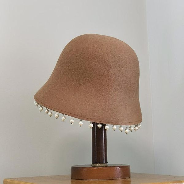 

stingy brim hats autumn winter japanese retro casual pearl flow comb decorative female woolen fisherman hat basin bucket felt, Blue;gray