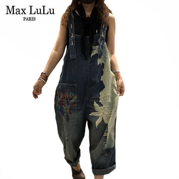 Max lulu estilo europeu estilo primavera feminino impresso denim macacão senhoras vintage casual jeans mulheres soltas calças plus tamanho H0908