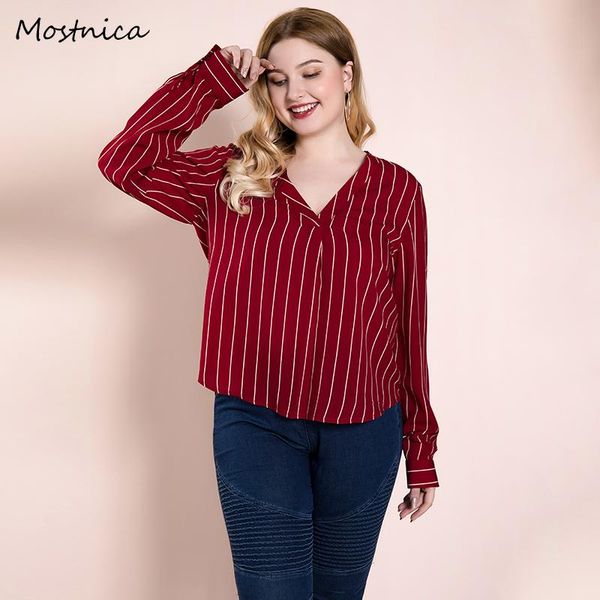 

mostnica 2021 autumn woman ol striped plus size shirt long sleeve v neck formal office lady blouse for women commuter wear women's blou, White