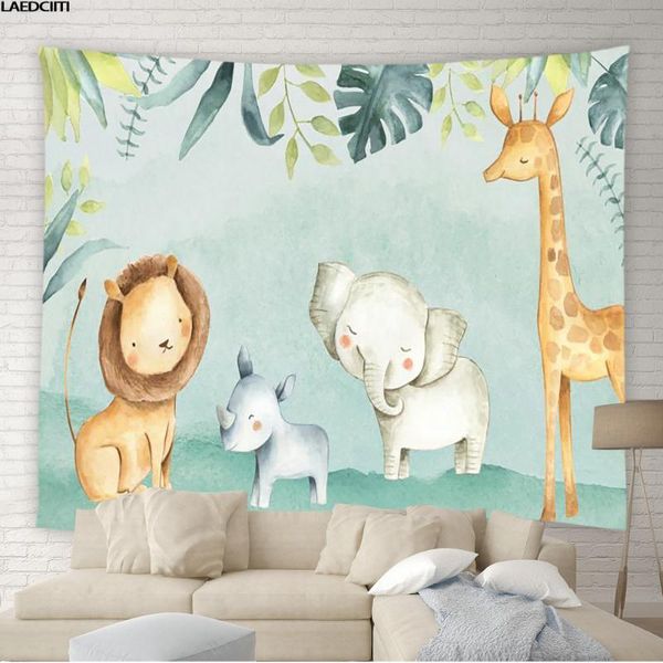 

tapestries cartoon animal tapestry elephant lion giraffe plant child room modern watercolor art background wall cloth home decor