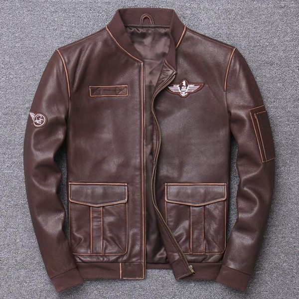 

men's leather & faux genuine cowhide vintage brown jacket pilot suit short motorcycle slim casual coat, Black