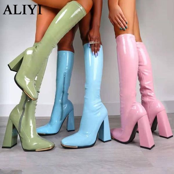 

boots 2022 fashion chunky heel autumn winter side zipper ladies pointed toe patent leather platform shoes mid calf knight, Black