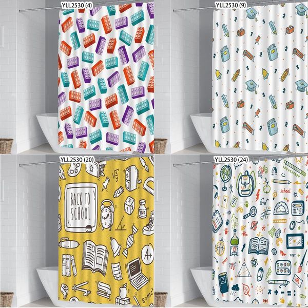 

shower curtains cartoon home school supplies funny curtain bathroom and rug sets light blue