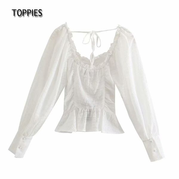 

ies white blouses deep u collar cascading pleated shirts summer women long sleeve 210412
